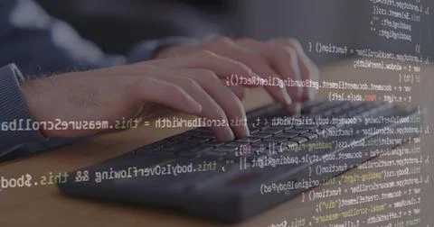 Professional programmer typing hands on keyboard, write code hologram display 스톡 사진