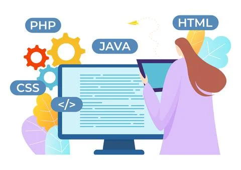 Professional programmer woman character, development software programming 스톡 일러스트