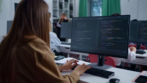 Professional Programmer Woman Typing Program Code On Powerful Computer In Modern Stock Footage 274406723