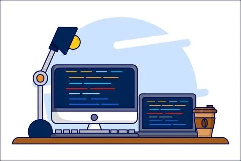 Professional Programmer Workbench Setup Concept with Open Project on Monitor. Stock-Illustration