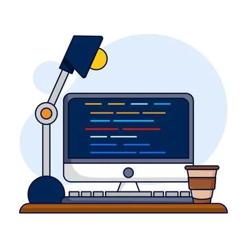 Professional Programmer Workbench Setup Concept with Open Project on Monitor Stock-Illustration