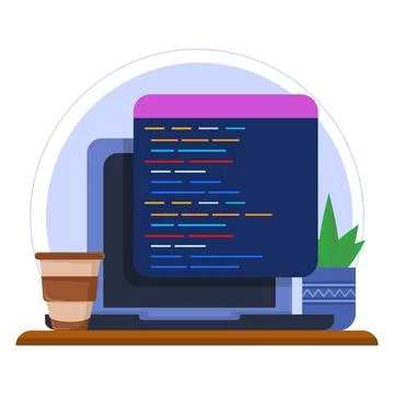 Professional Programmer Workbench Setup Concept with Open Project on Monitor. Stock-Illustration