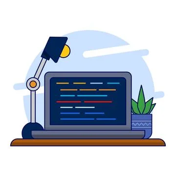 Professional Programmer Workbench Setup Concept with Open Project on Monitor Stock-Illustration