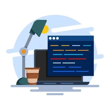 Professional Programmer Workbench Setup Concept with Open Project on Monitor Stock-Illustration