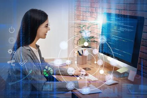 Professional programmer working with computer in office Stock-Fotos