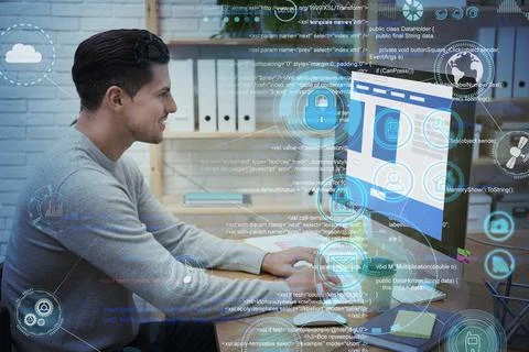 Professional programmer working with computer in office Foto stock