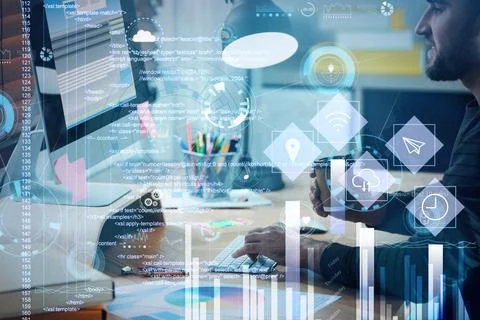 Professional programmer working with computer in office, closeup Foto stock