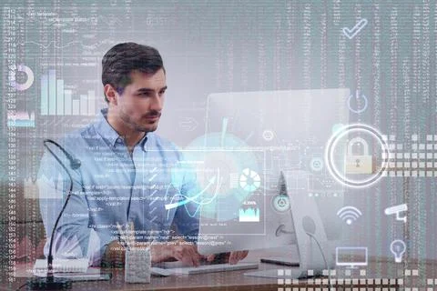 Professional programmer working with computer in office Stockfoto's