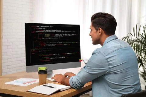 Professional programmer working with computer in office Foto stock