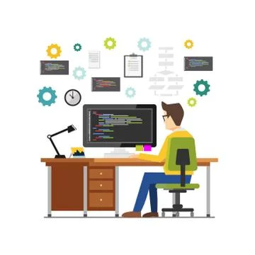 Professional programmer working writing code on computer at desk. Programmer Stock-Illustration