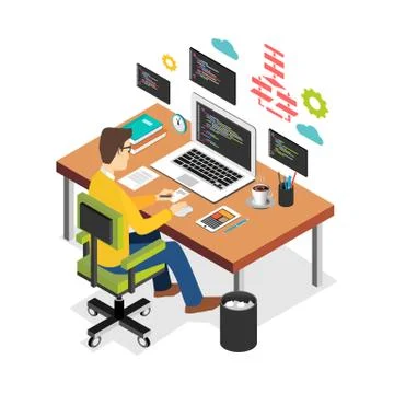 Professional programmer working writing code on laptop computer at desk. Prog Stock Illustration