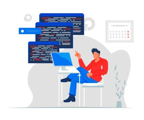 Professional programmer writing code for testing computer software, flat vect Stock Illustration