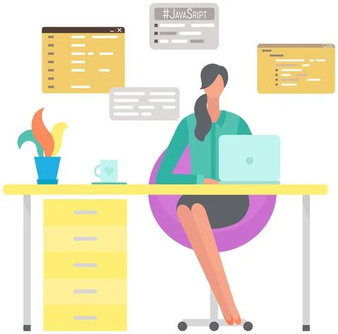 Professional programmer writing code for testing computer software. Woman Stock Illustration