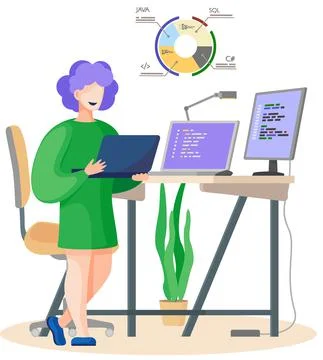 Professional programmer writing code for testing computer software. Woman Stock Illustration