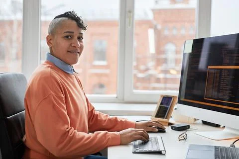 Professional programmer writing codes on computer Stock-Fotos