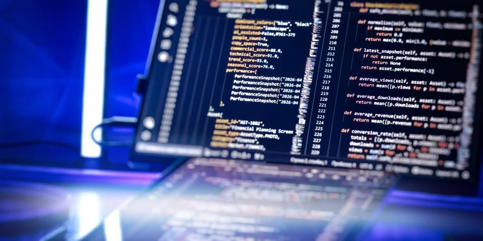 Professional Programming Environment With Source Code, Performance Analytics  Stock Photos