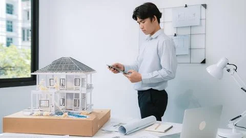 Professional project manager using tablet to check house model. Immaculate. 写真素材