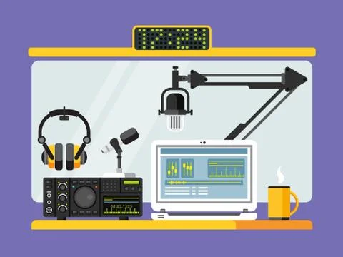 Professional radio station studio with microphones and headphones Stock Illustration