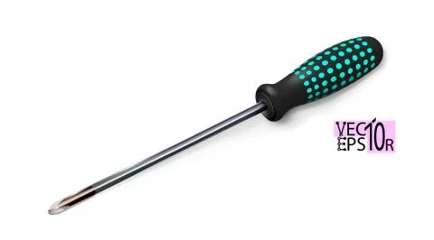 Professional realistic screwdriver with a plastic black and turquoise handle. Stock Illustration