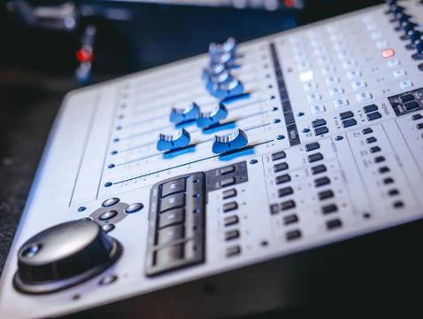 Professional Recording Studio. Interface of equipment for sound processing.Fader 스톡 사진
