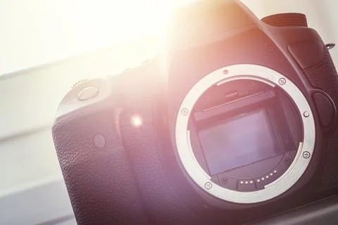 Professional reflex camera on a table, camera sensor Stock Photos