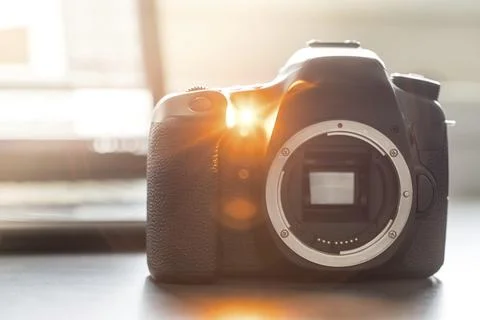 Professional reflex camera on a table, camera sensor Stock Photos