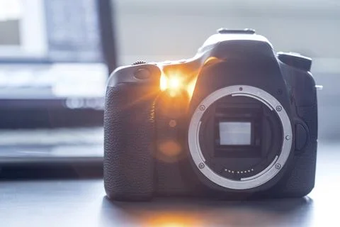 Professional reflex camera on a table, camera sensor Stock Photos