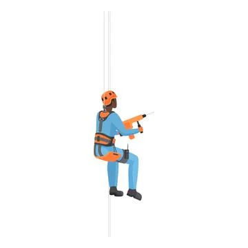 Professional rope access worker working at height with drill Illustrazione stock