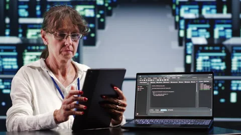 Professional running code in server farm Stock Footage 247902414