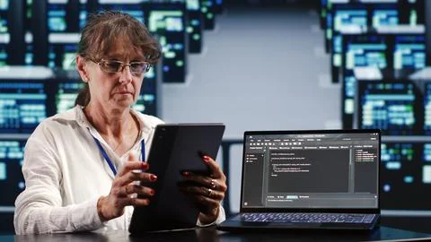 Professional running code in server farm 写真素材
