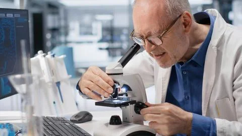 Professional science expert uses microscope as observation tool with glass tray Stock Photos