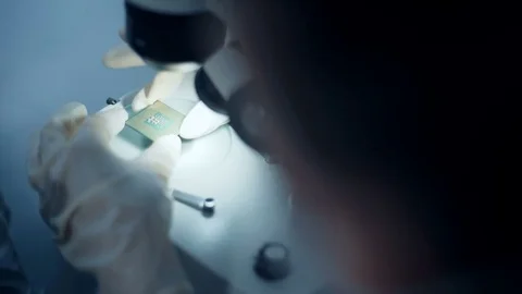 Professional scientist holding and observing the micro chip Stock Footage 70521431