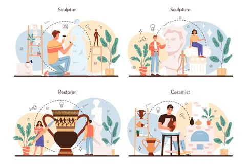 Professional sculptor concept set. Creating sculpture of the marble Stock Illustration