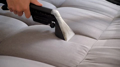 Professional service worker using vacuum cleaner to refresh sofa. Stock Footage 311800370