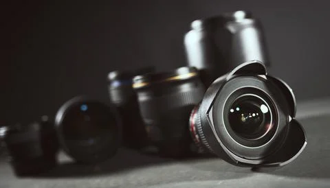 Professional set of lens for reflex camera 库存照片