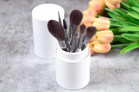 Professional set of make-up brushes and tools in cosmetic box Stock Photos