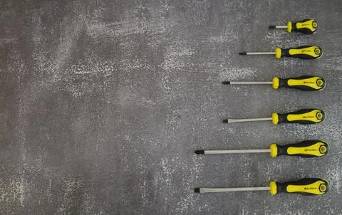 Professional set of screwdrivers on a gray background Stock Photos