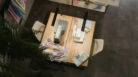 Professional Sewing Machine with Patchwork Quilt in Workshop Video stock 315759288