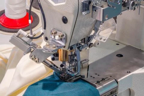 Professional sewing machine, textile fabric production industrial concept bac Stock-Fotos