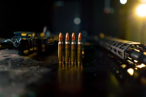 In a professional shooting range on a black table gun shop professional Stock Photos