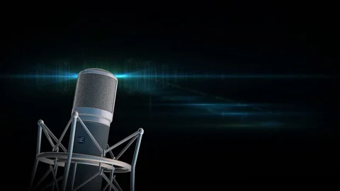 Professional silver microphone slowly rotating on blue flickering background Stock Footage 71458439