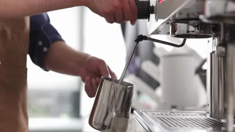 Professional skilled barista or waitress worker steaming frothing milk for Stock Footage 334521207
