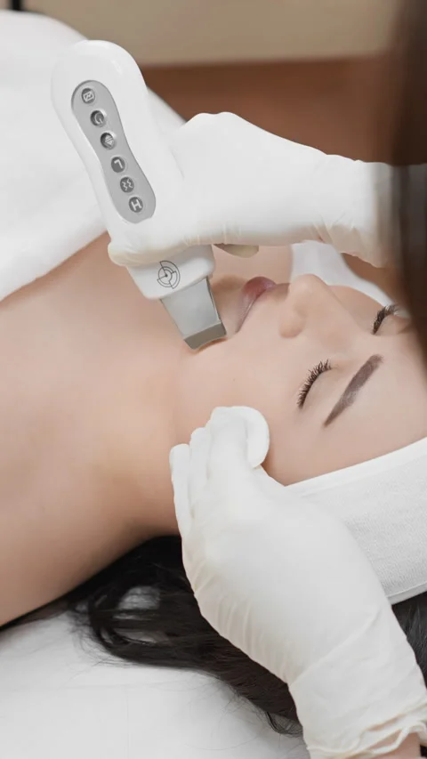 Professional skincare treatment involves using an advanced ultrasonic device for Stock Footage 285840499