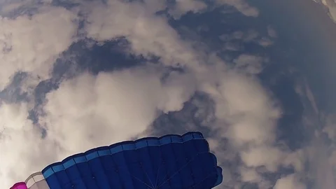 Professional skydiver in helmet parachuting in cloudy sky. Height. Sport. Speed. Stockbeeldmateriaal 79512501