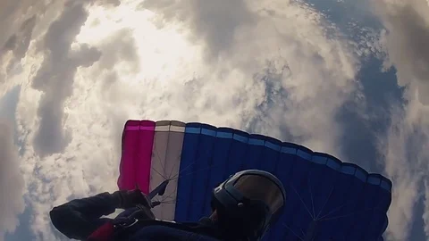 Professional skydiver in uniform parachuting in cloudy sky. Height. Extreme. Video stock 79513224