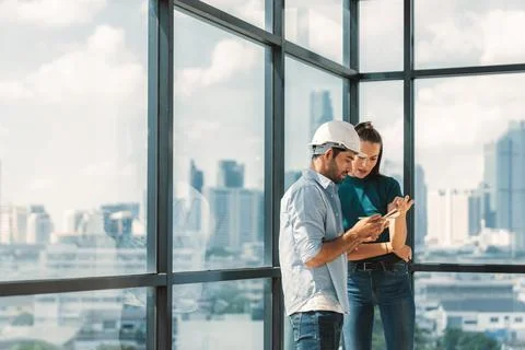 Professional smart architect engineer team discuss and solve problems. Tracery. Stock Photos
