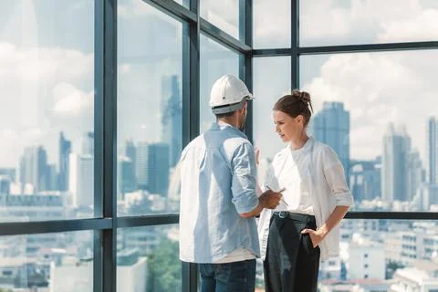 Professional smart architect engineer team discuss and solve problems. Tracery. Stock Photos