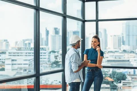 Professional smart architect engineer team discuss and solve problems. Tracery. Stock Photos