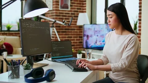 Professional software developer types code on a laptop in a sleek workspace Stock Footage 319710979