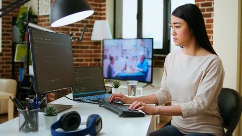 Professional software developer types code on a laptop in a sleek workspace Stockfoto's